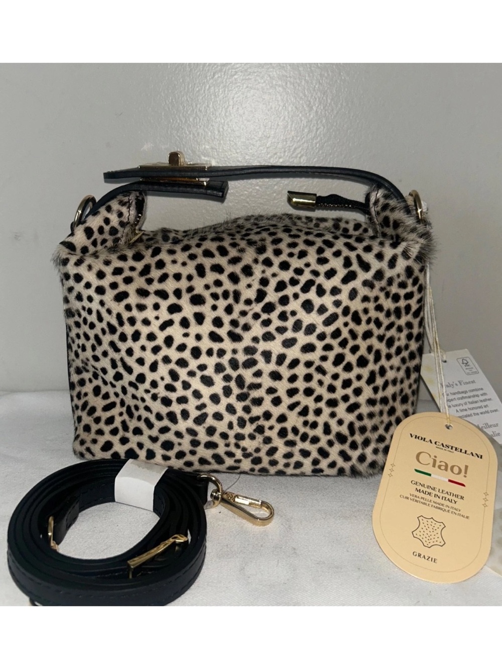 NEW! VIOLA CASTELLANI Calf Hair Cheetah Print Top Handle Crossbody Bag